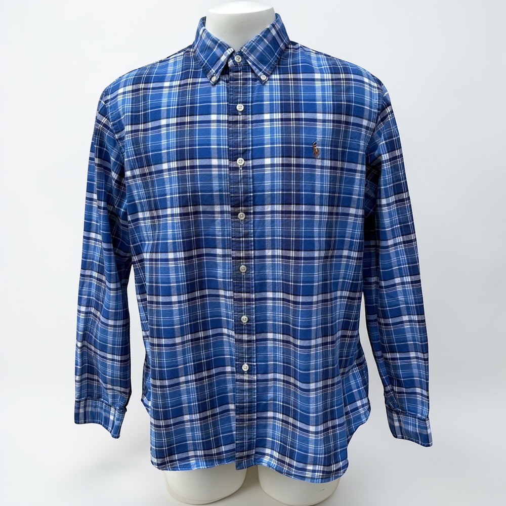 Ralph Lauren Button Front Shirt XL Blue Plaid Long Sleeve Cotton Preppy Casual